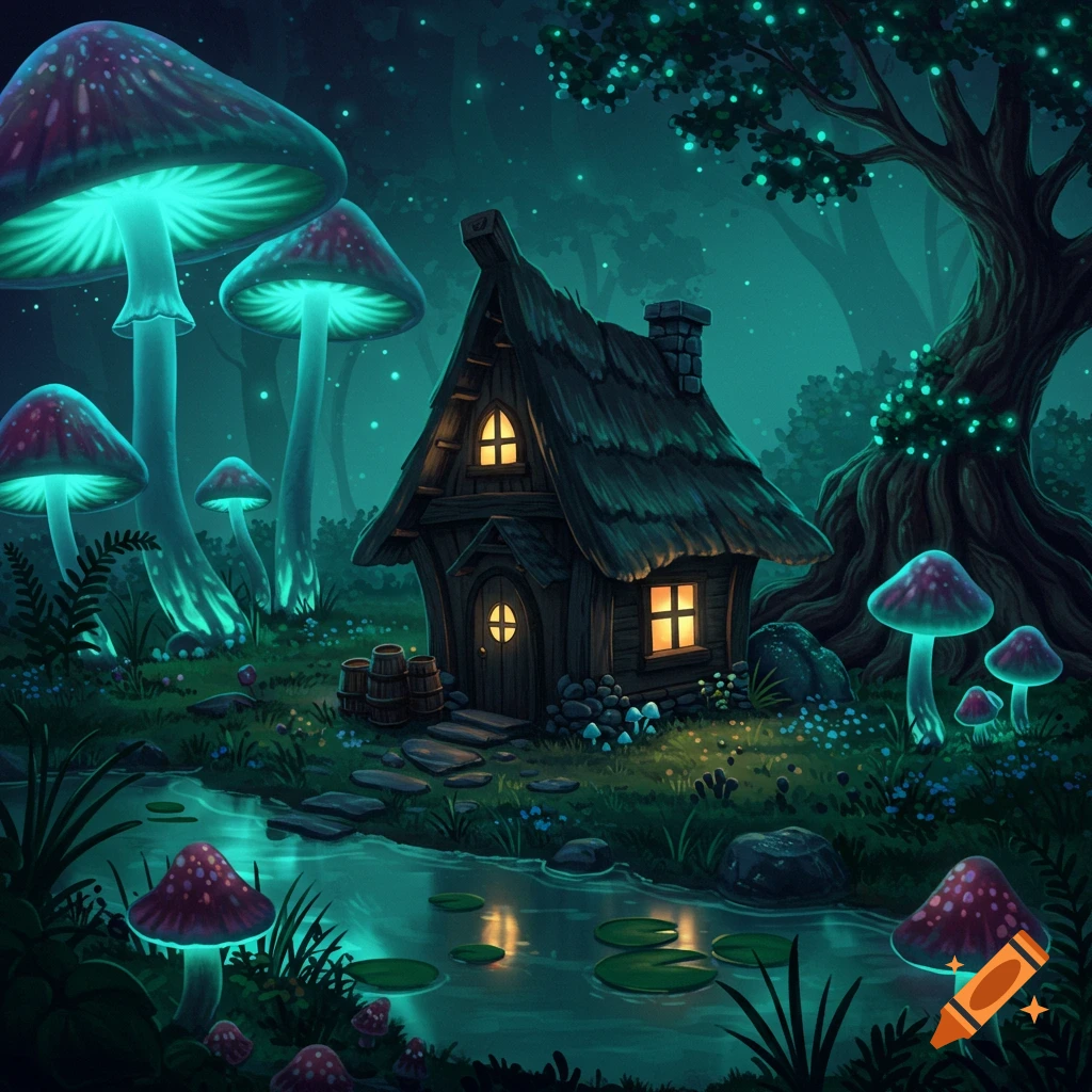 Fantasy illustration of a glowing mushroom swamp with a witch's cottage by a stream at night.