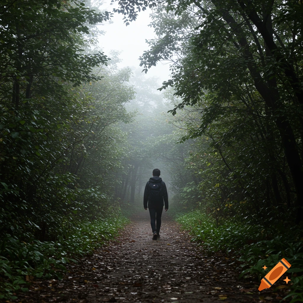 A person walks away on a path through a dark, misty forest.