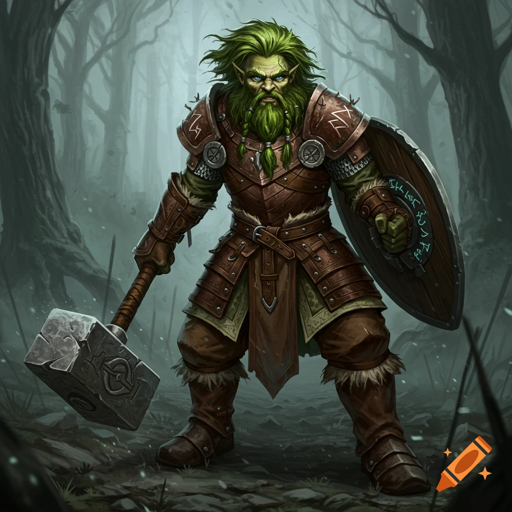 A fantasy creature in armor holds a war hammer and shield in a forest.