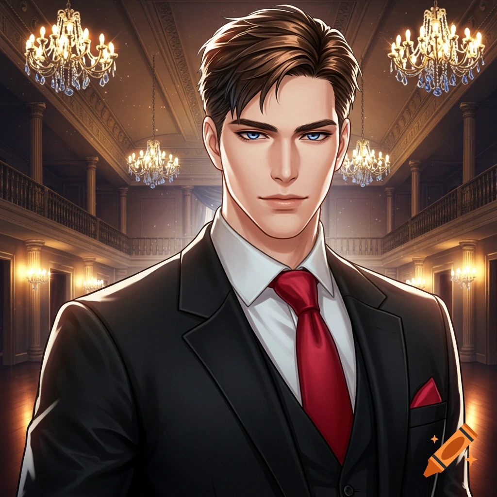 A young man in a black suit and red tie stands in a grand hall.