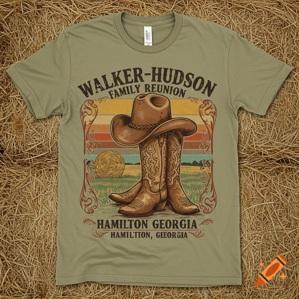A t-shirt design with a cowboy hat and boots over a landscape, hay bale, and striped sky, with text about a family reunion.