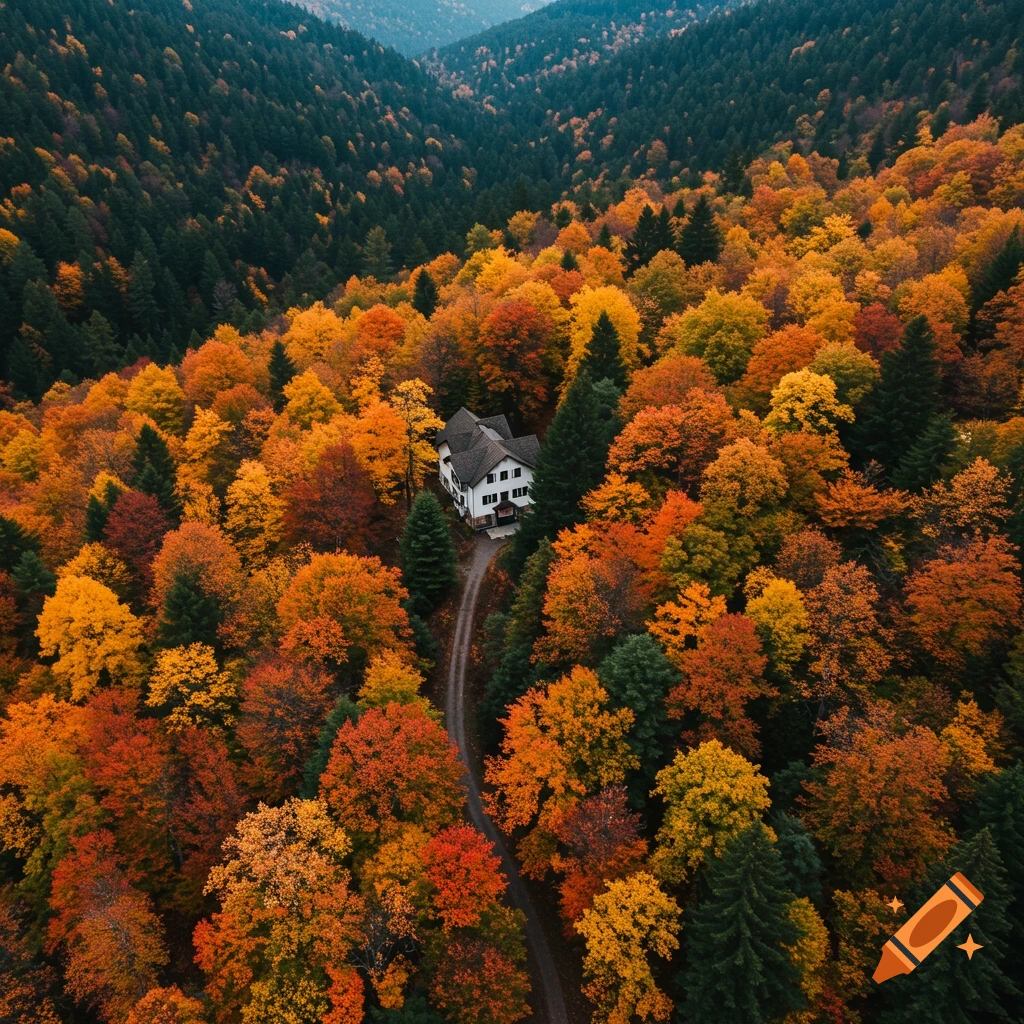 An aerial view of a house surrounded by vibrant autumn trees in a forest.