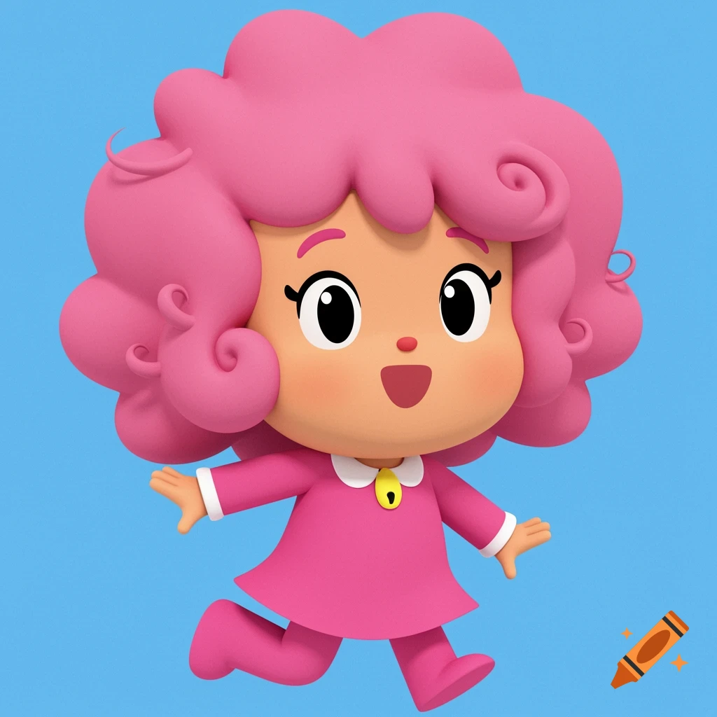 3D cartoon character with pink hair and dress running
