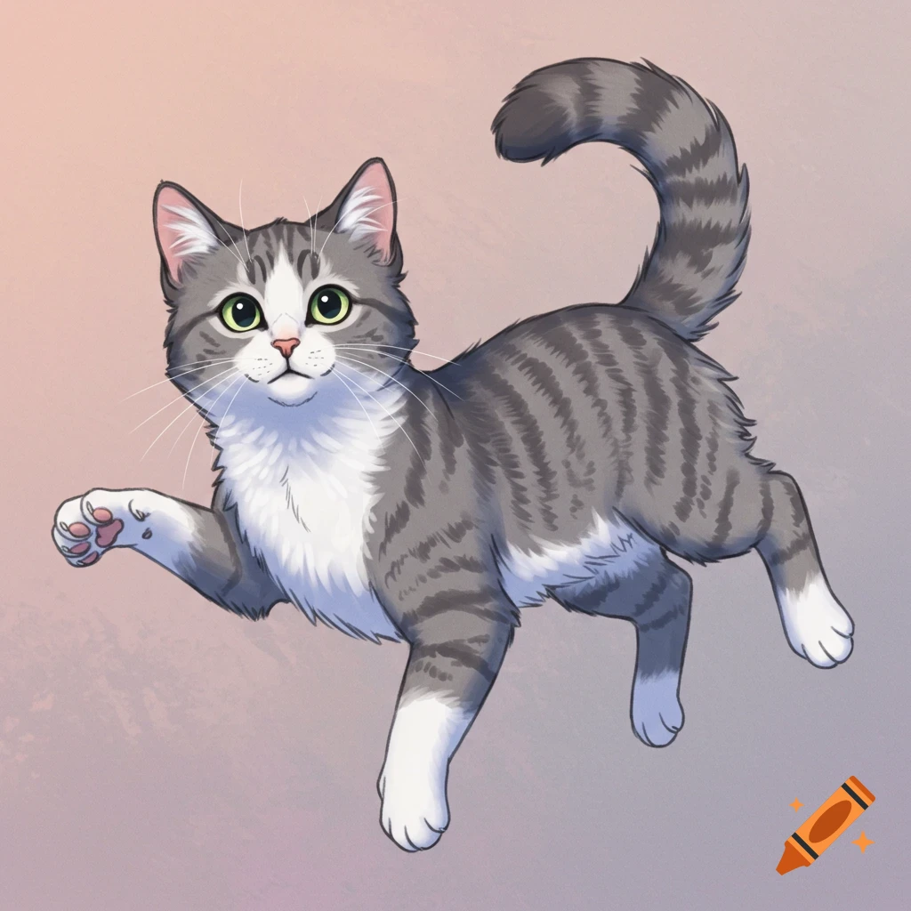 A grey and white striped cat floating.