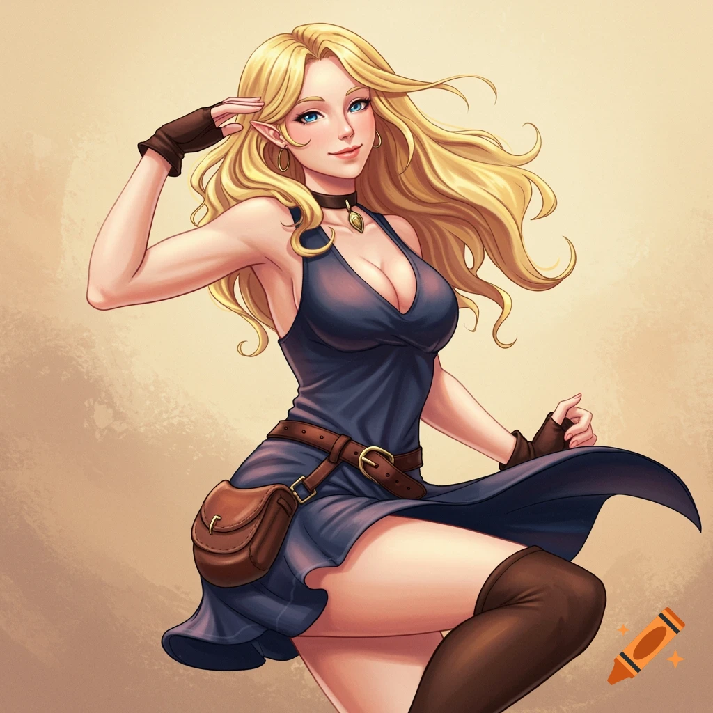 Dynamic depiction of a blonde fantasy woman with elf ears in a blue dress.