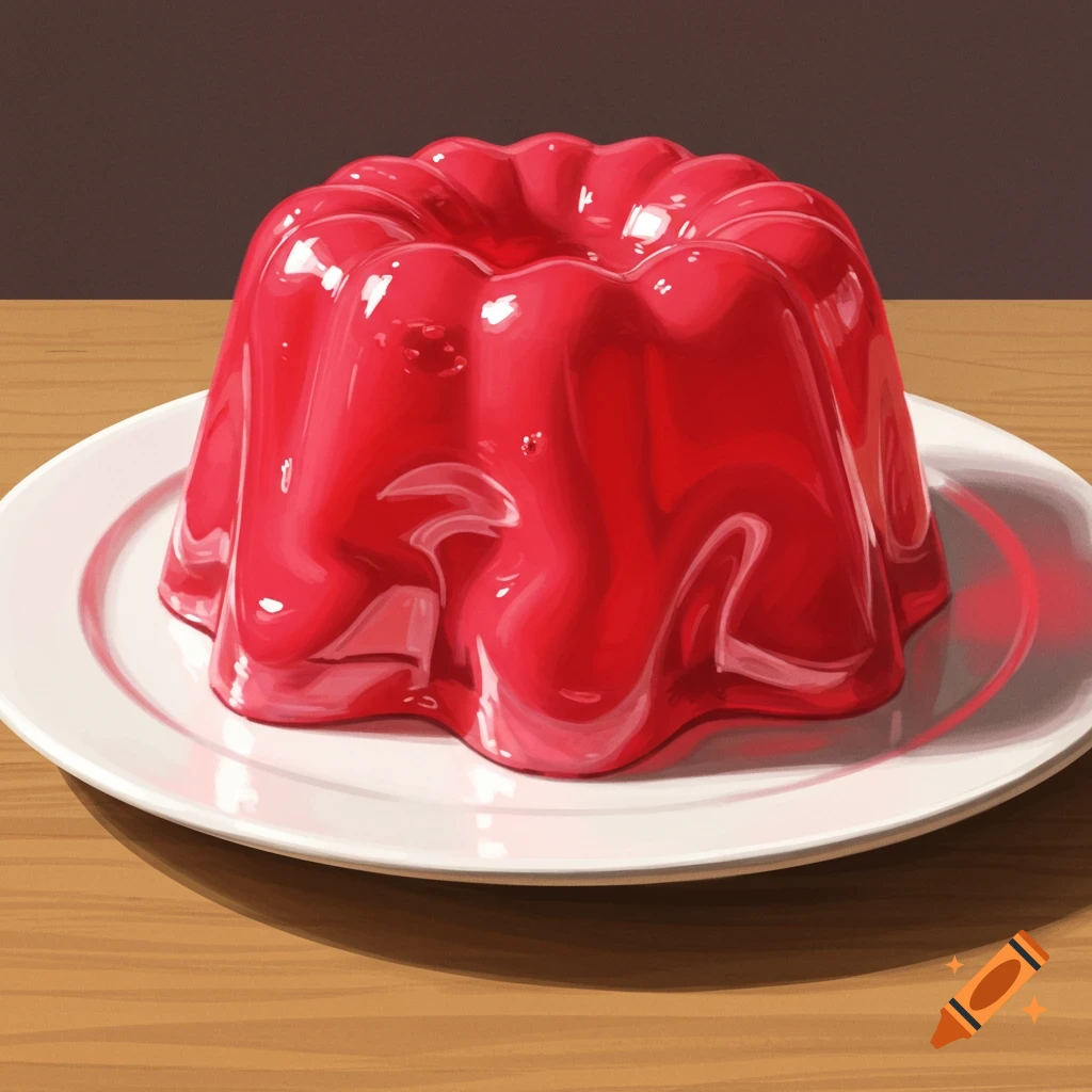 Red jello mid-wiggle on a white plate.