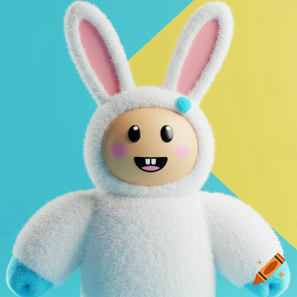 Cute character in a fluffy white bunny costume with big eyes and buck teeth against a yellow and blue background.