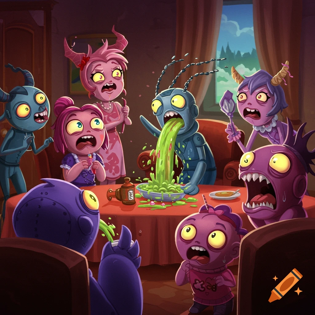 Cartoon monsters at a table, one vomiting green liquid while others react.
