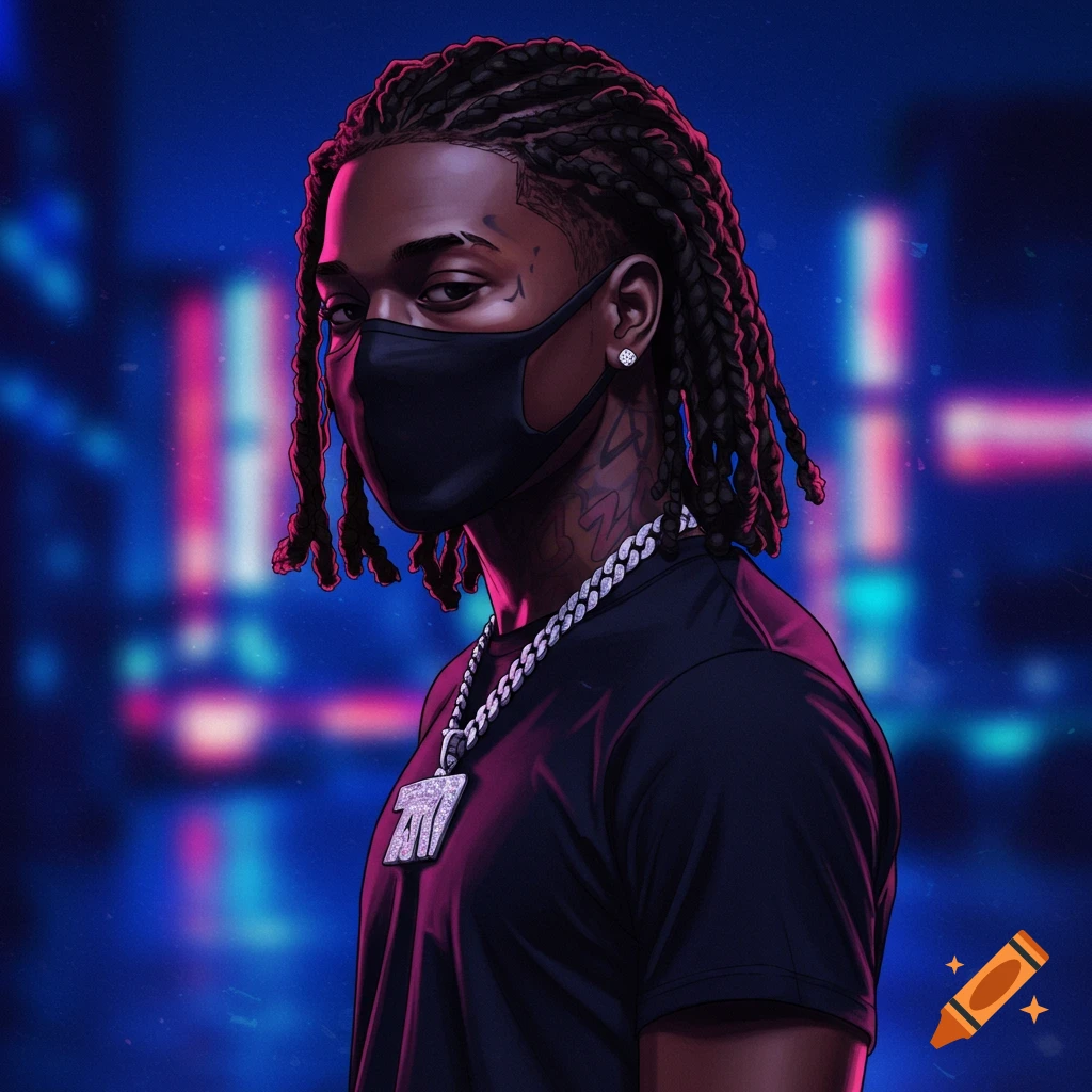 Image of a rapper wearing a mask and diamond chain against a blurred neon background.