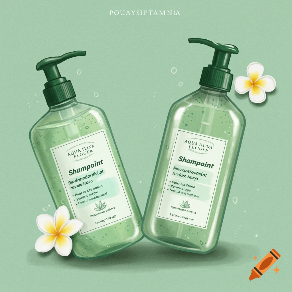 Two green shampoo and conditioner bottles with white flowers on a green background.