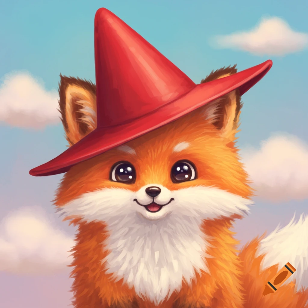 A cute fox wearing a red pointy hat under a cloudy sky.