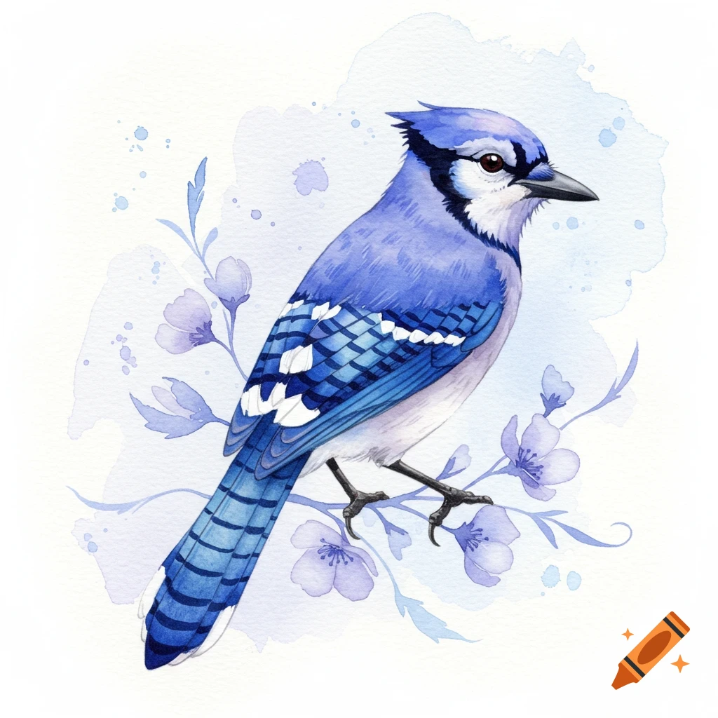 A blue jay perched on a branch with purple flowers in watercolor style.