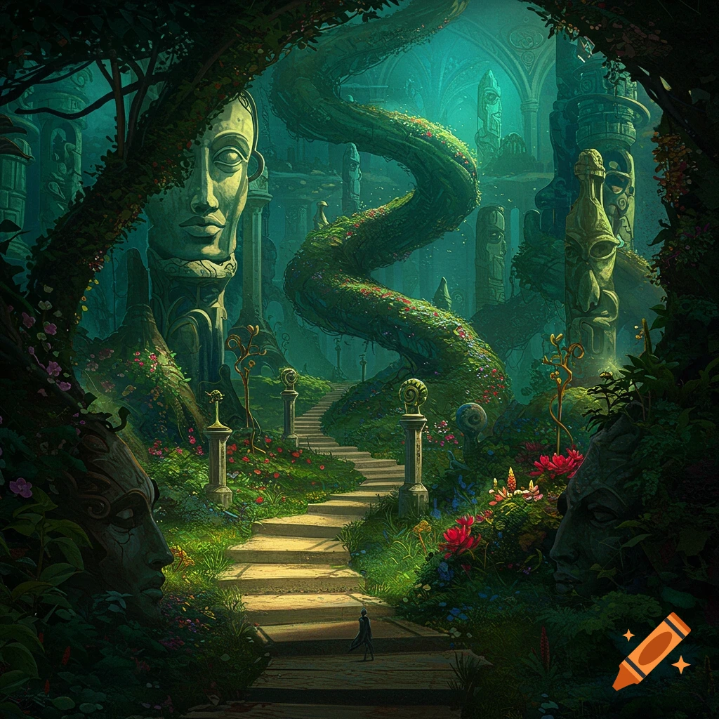 A fantasy landscape with ancient carved faces, a winding path through lush vegetation, and structures in the distance.