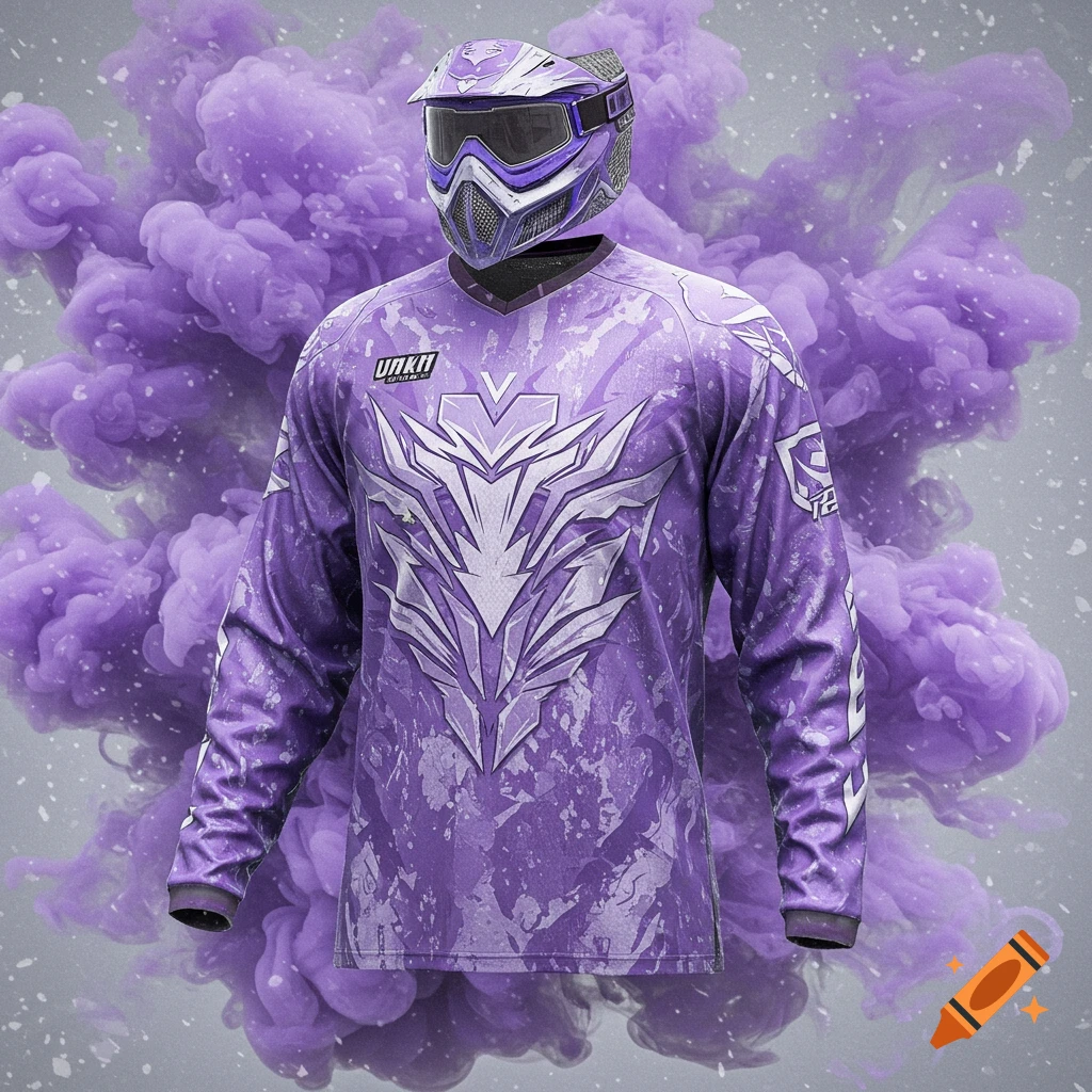 A purple paintball jersey and helmet with aggressive styling in front of a purple smoke cloud.