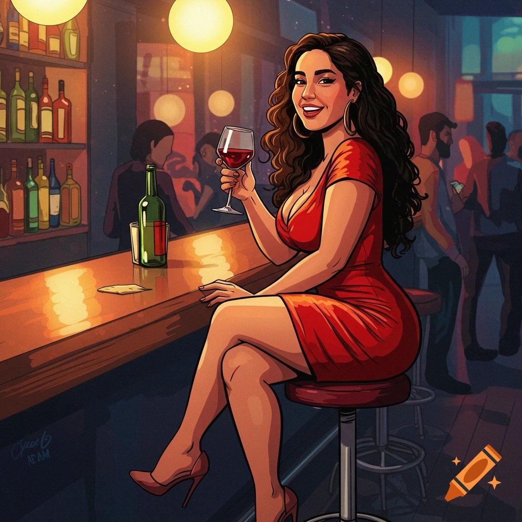 A woman in a red dress is sitting at a bar, drinking wine.