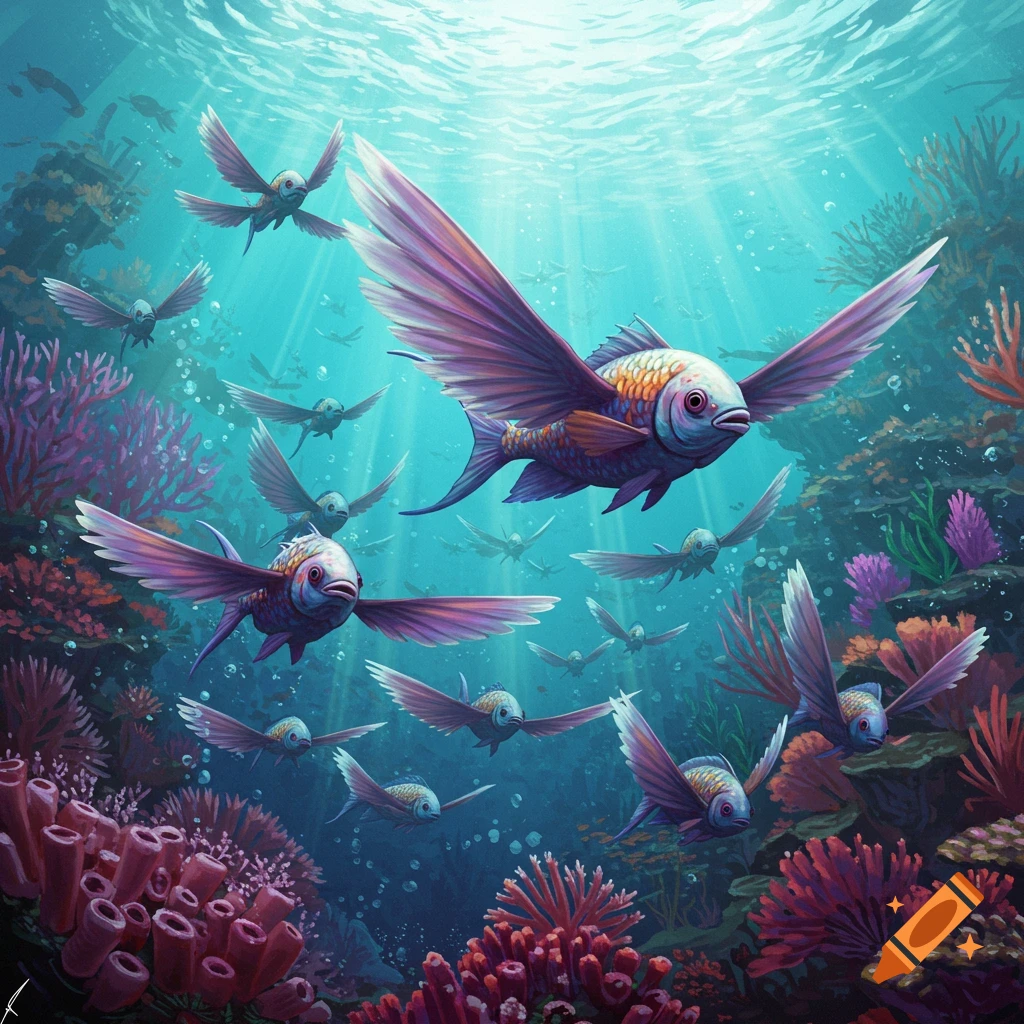 Fish with wings are swimming among coral reefs underwater