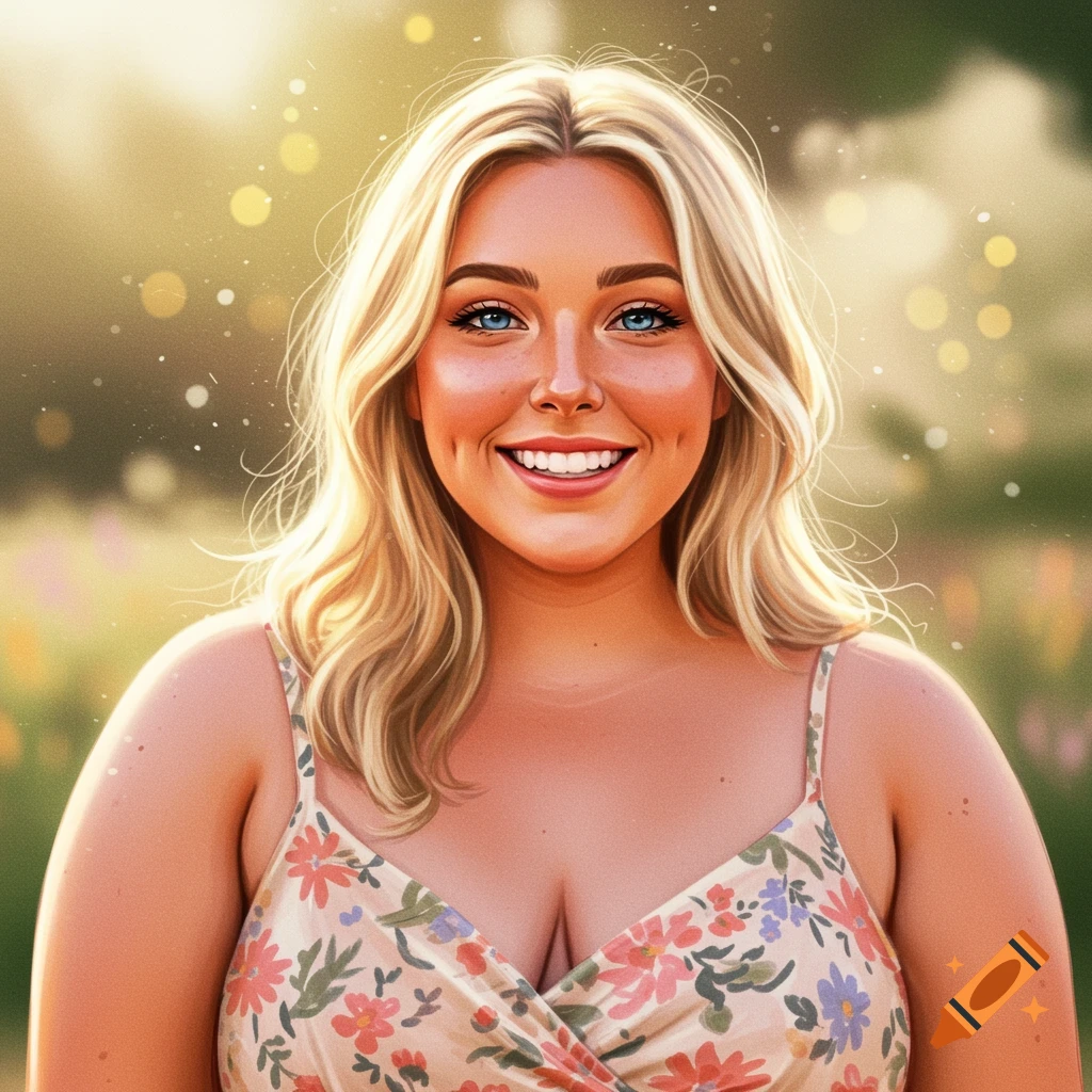 A blonde woman is smiling in a floral sundress.