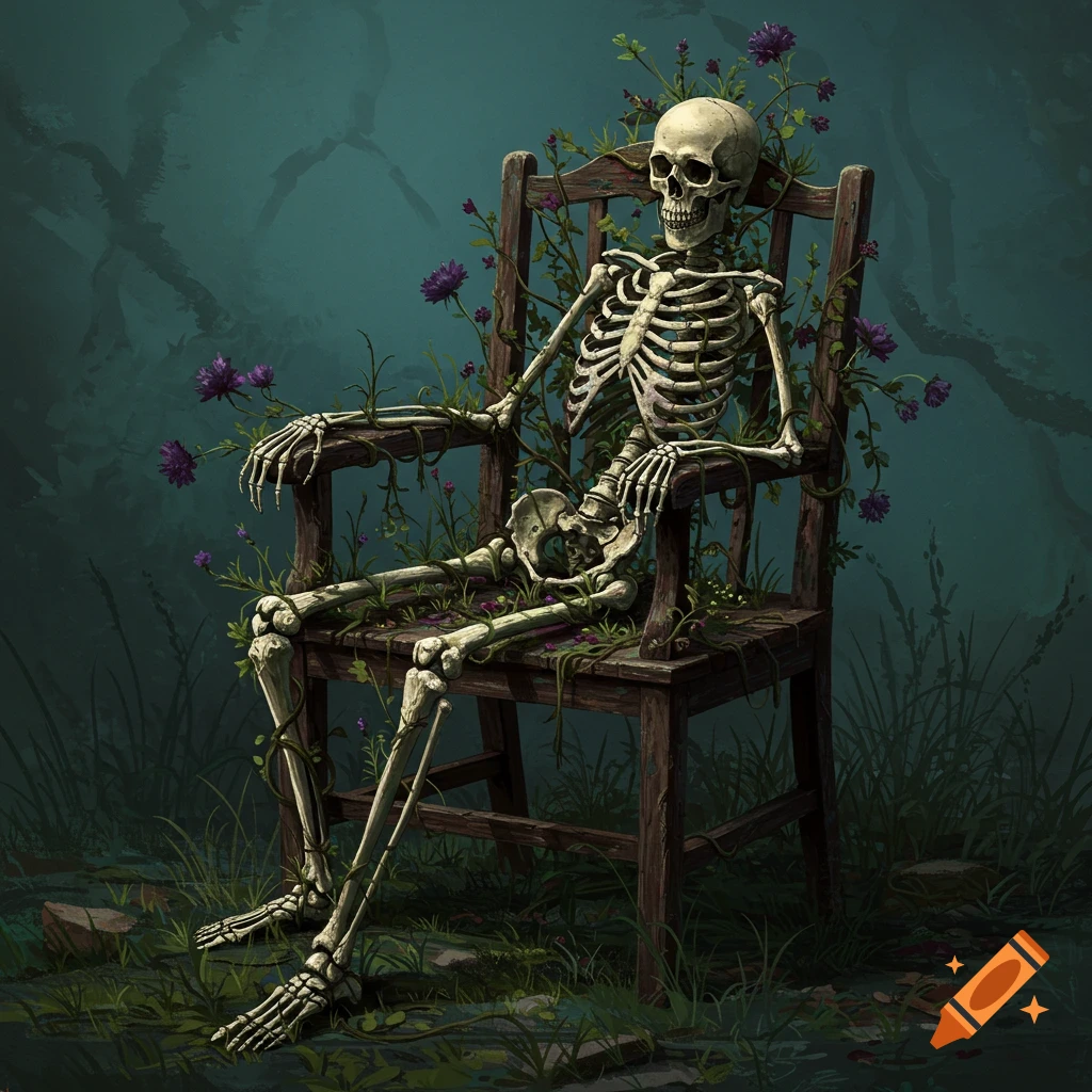 A skeleton covered in vines and flowers sits on an old wooden chair.