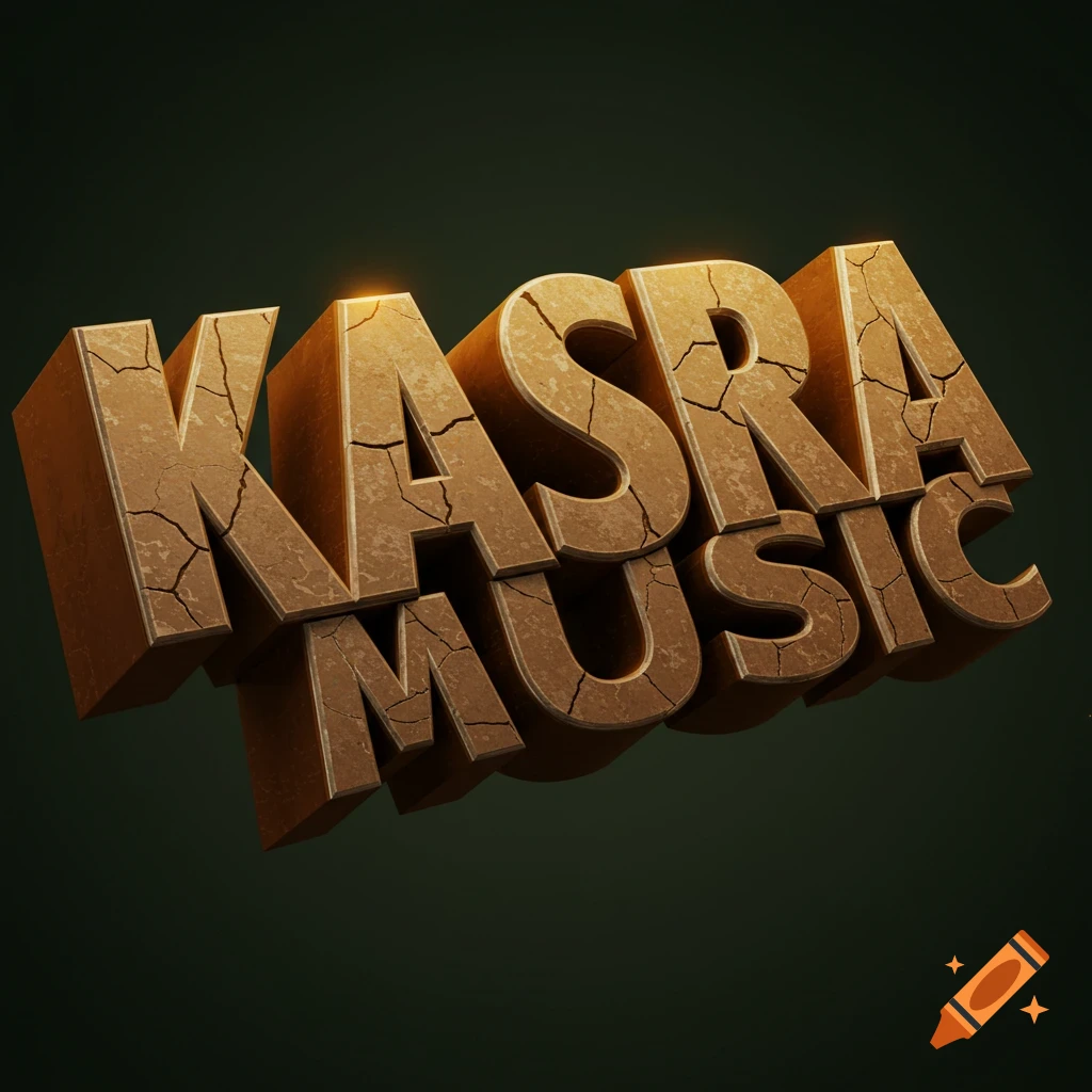 3D text 'KASRA MUSIC' with cracked stone texture on a dark background.