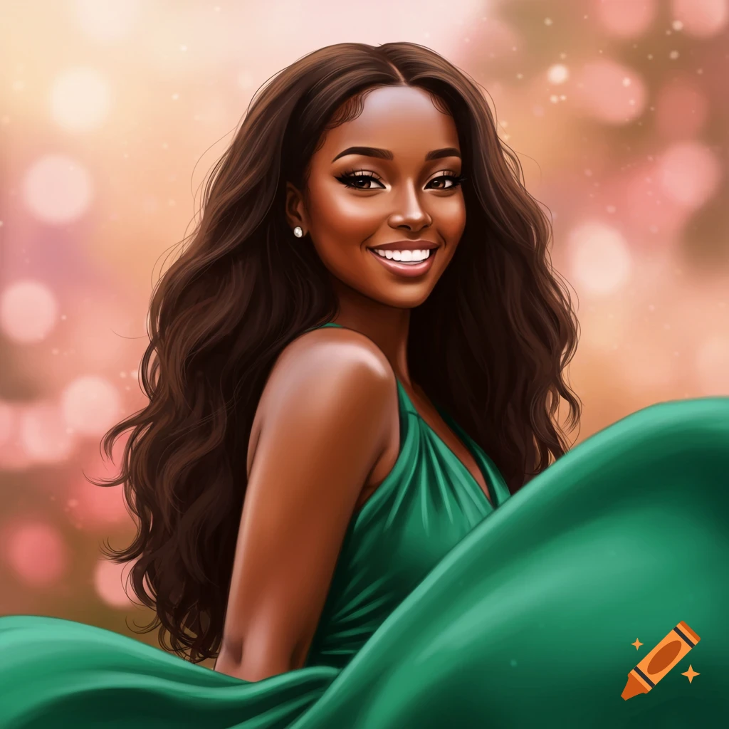 Smiling Black woman in a green dress with long hair against a bokeh background.