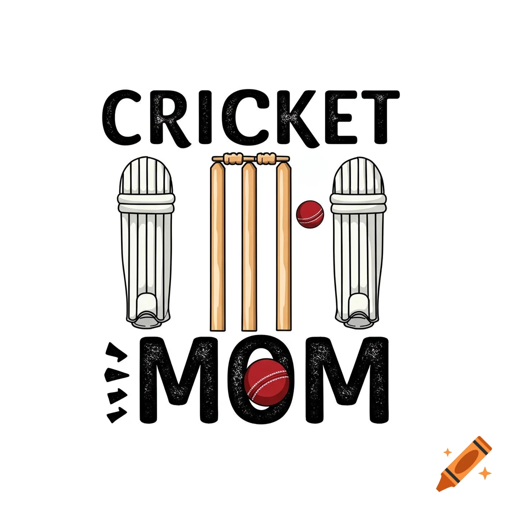 Graphic design for a shirt with the text CRICKET MOM and illustrations of cricket leg pads, stumps, and balls.