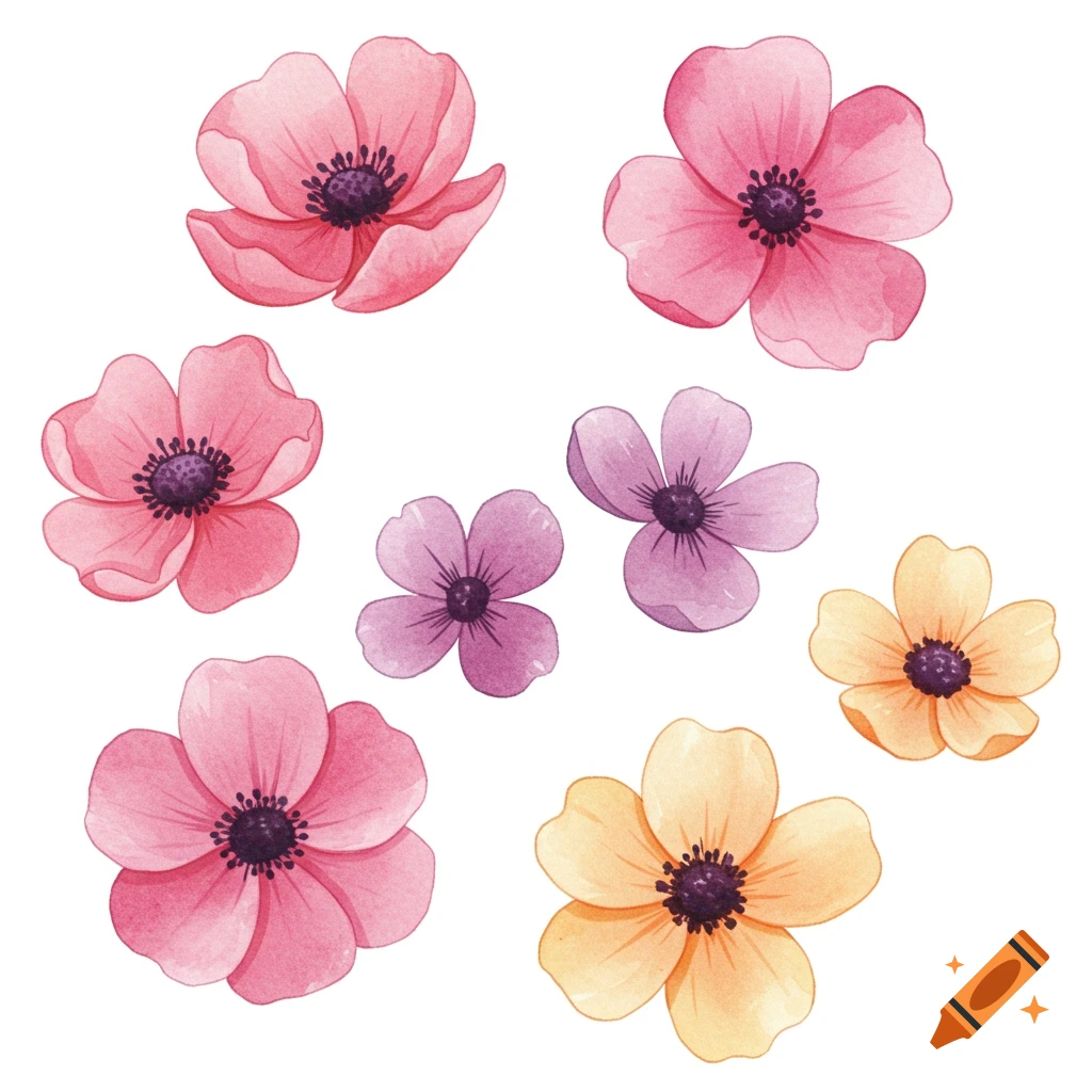 A cluster of watercolor flowers in shades of pink, purple, and yellow on a white background.