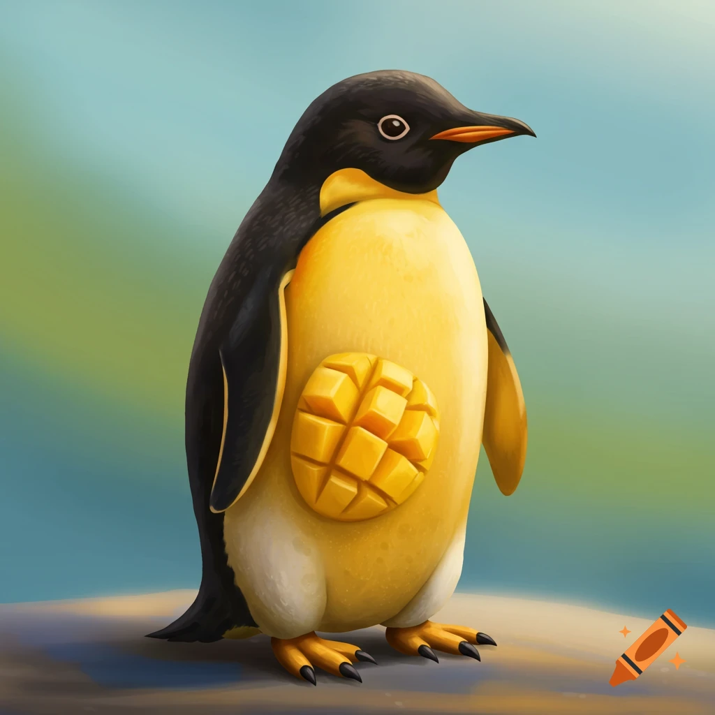 A penguin with a yellow belly and a sculpted mango piece embedded in its chest.