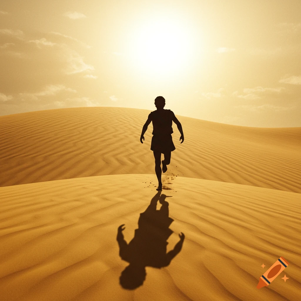 Silhouette running across sand dunes at sunset.