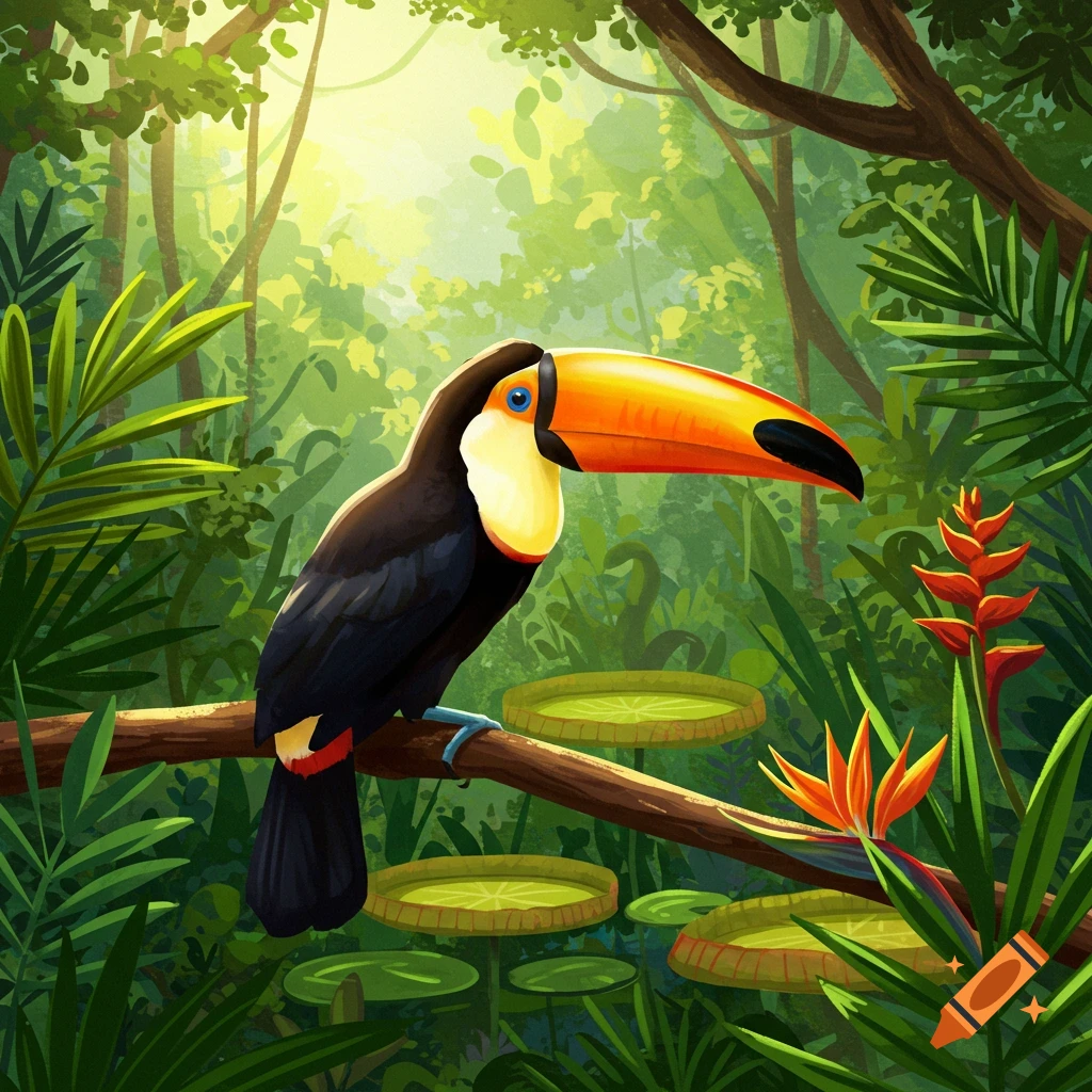 A toucan sitting on a branch in a lush Amazon jungle.
