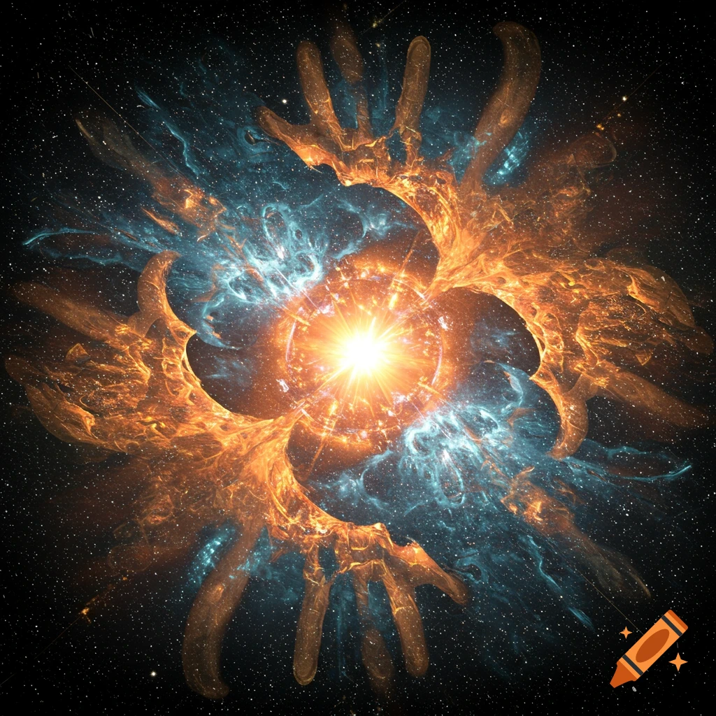 Abstract space explosion with bright center, orange and blue energy tendrils, and stars.