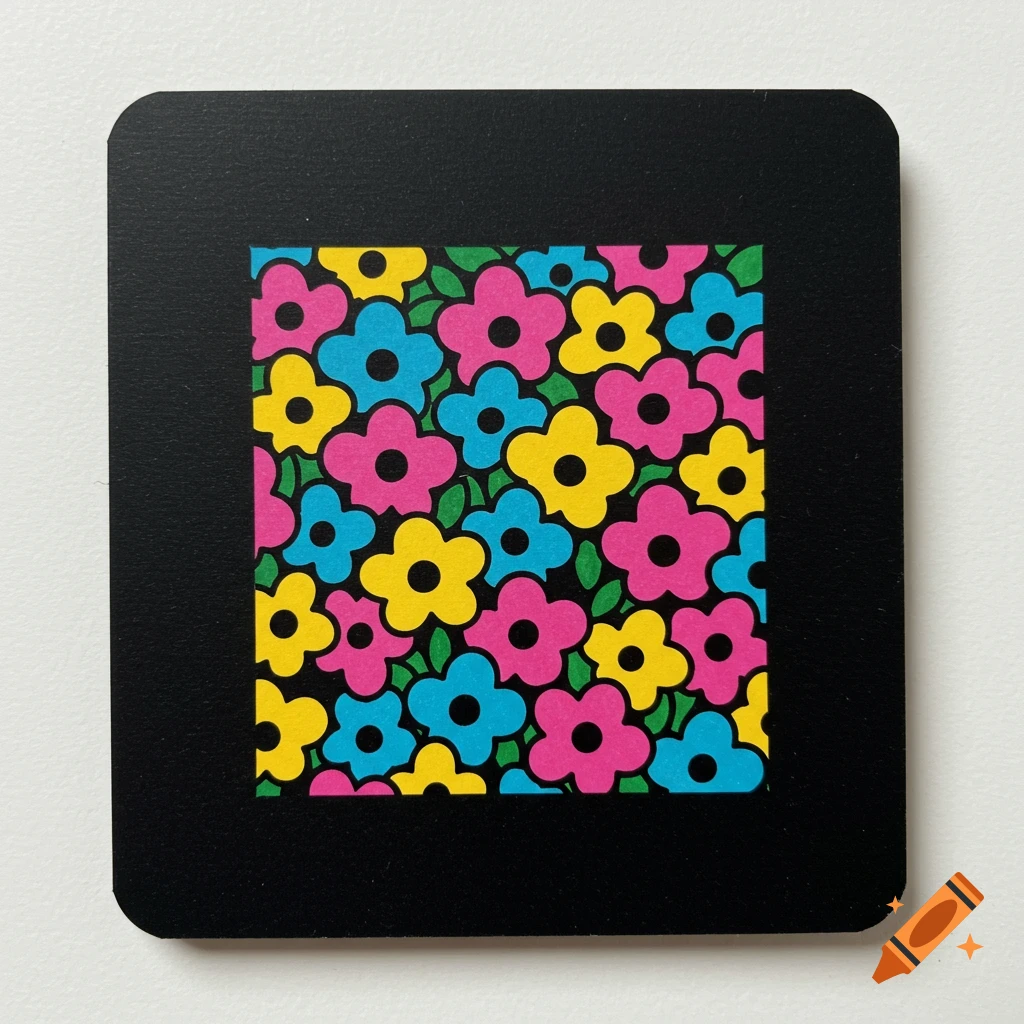 A colorful pattern of pink, yellow, and blue stylized flowers and green leaves on a black background.