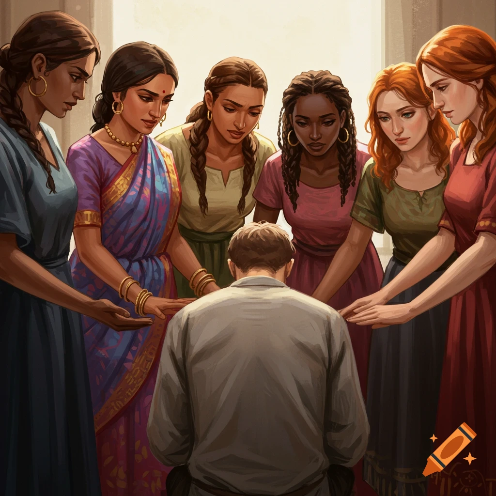 Several women surrounding a man who is bowing down in the center.