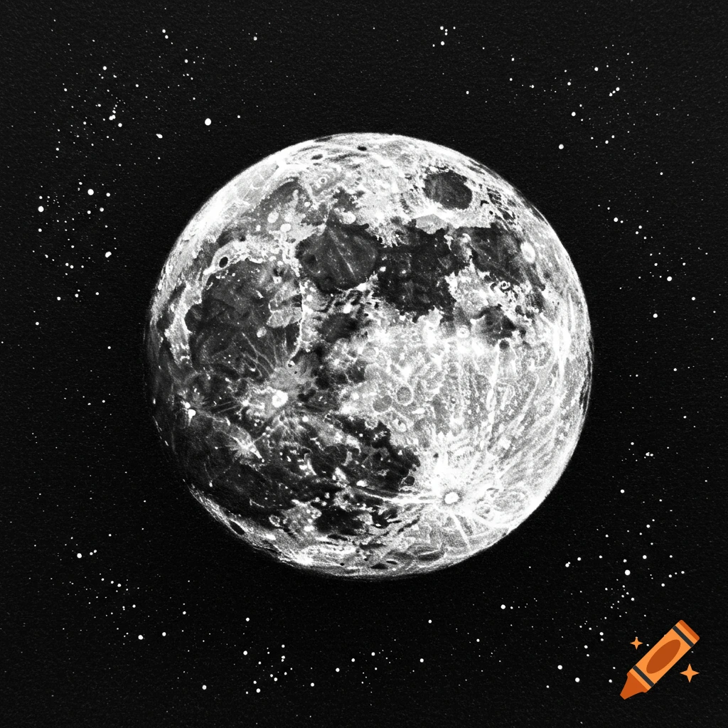 Charcoal drawing of the full moon and stars in a black sky.