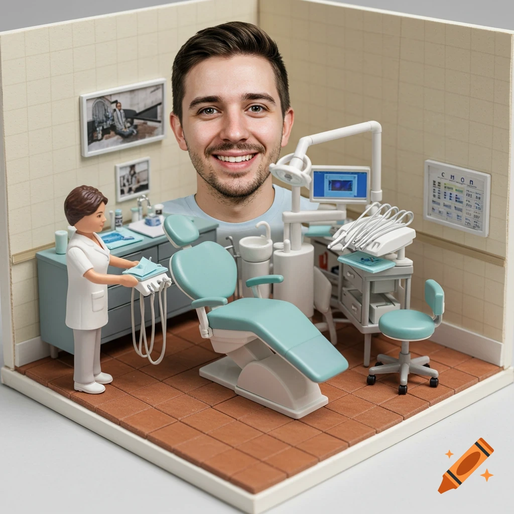 Diorama of a miniature dental office with a toy figure having a real face and a toy dentist.