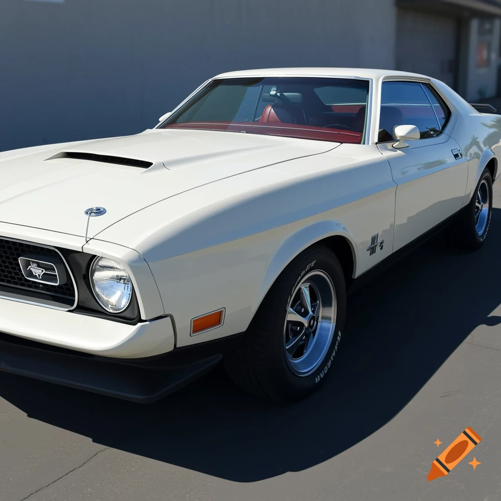 A white 1971 Ford Mustang hardtop in bright sunlight.