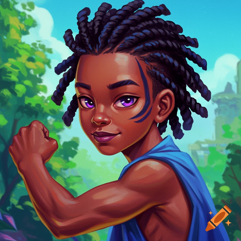 A young boy with braided hair, purple eyes, and face markings is flexing his arm in a vibrant fantasy landscape.
