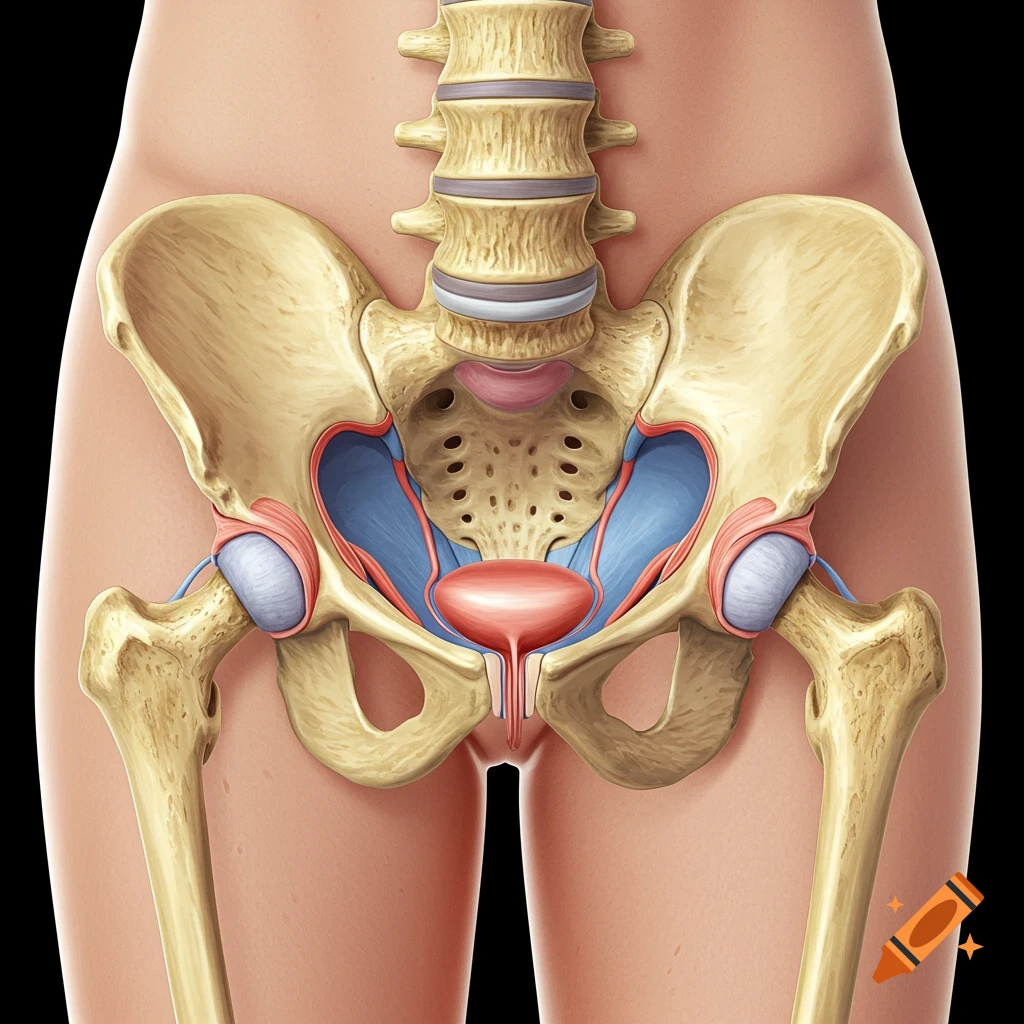 Anatomical illustration of the female pelvis, showing bones, ligaments, and bladder.