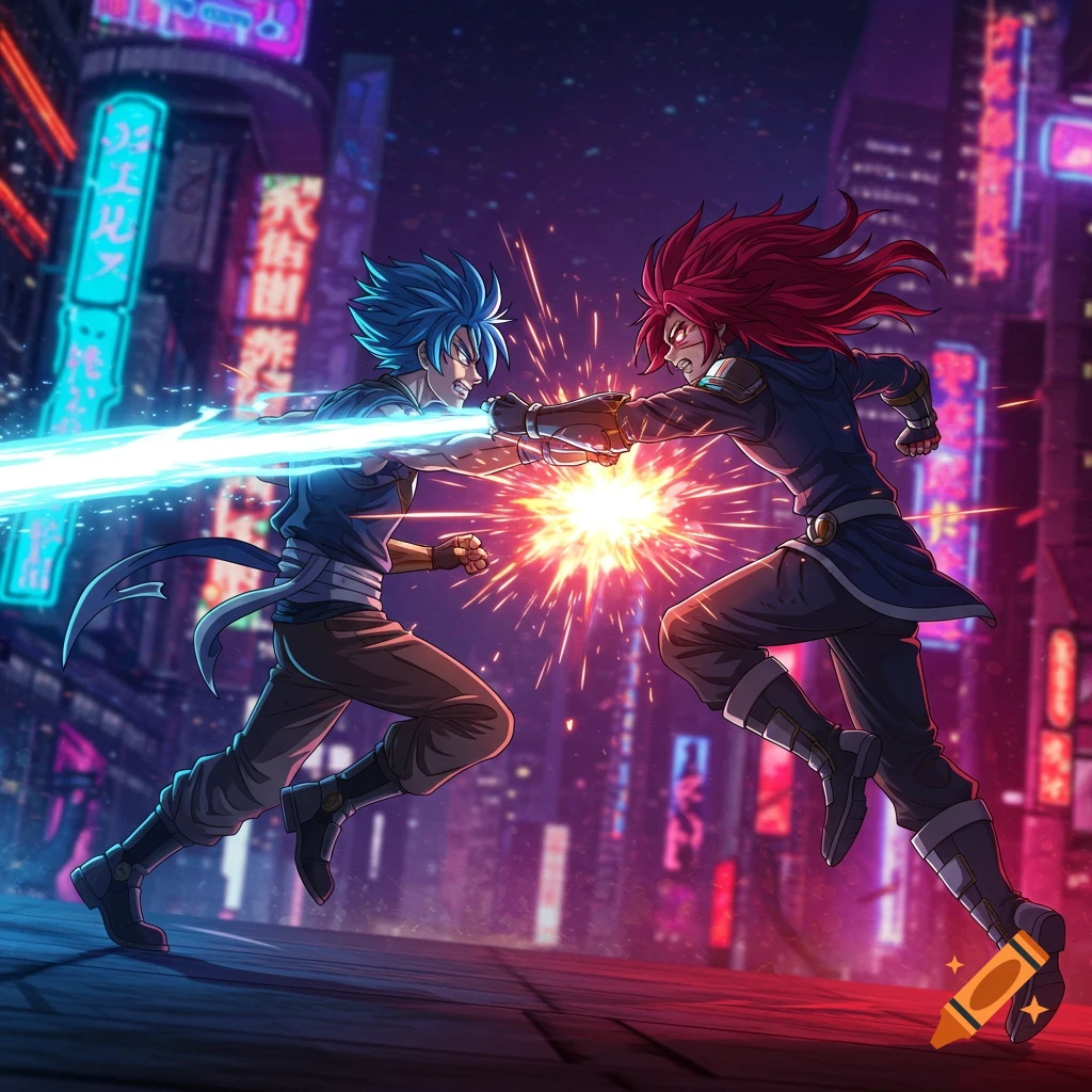 Two anime characters fight with energy blasts in a futuristic neon city at night.