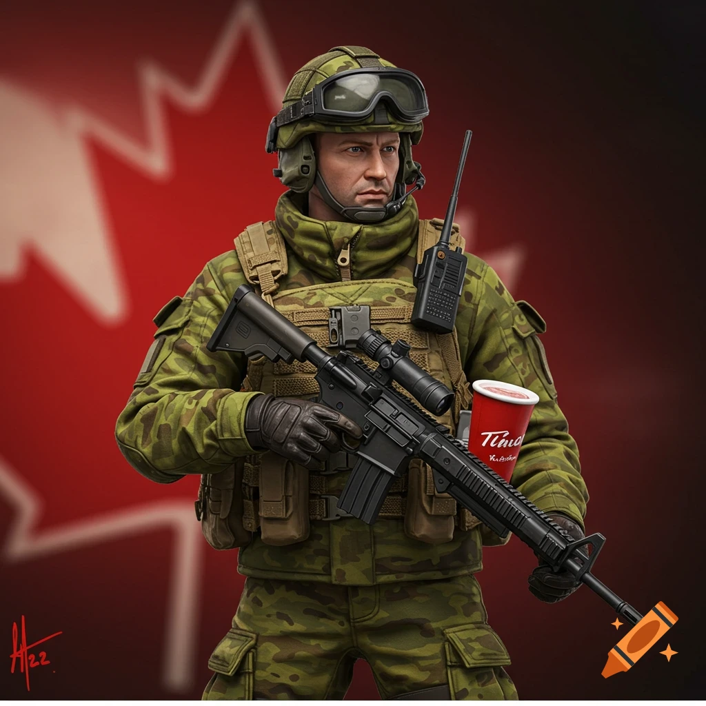 A Canadian soldier action figure holds a rifle and coffee cup against a backdrop of the Canadian flag.