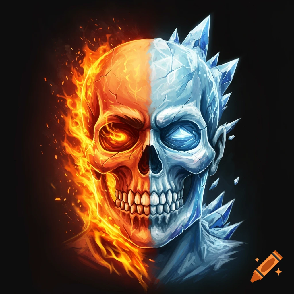 A skull split into halves, one side burning with fire, the other covered in ice.