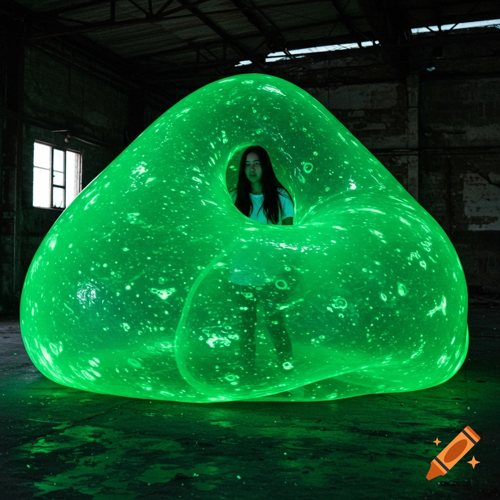 A person is enveloped inside a giant, translucent green slime blob in a large, dark room.