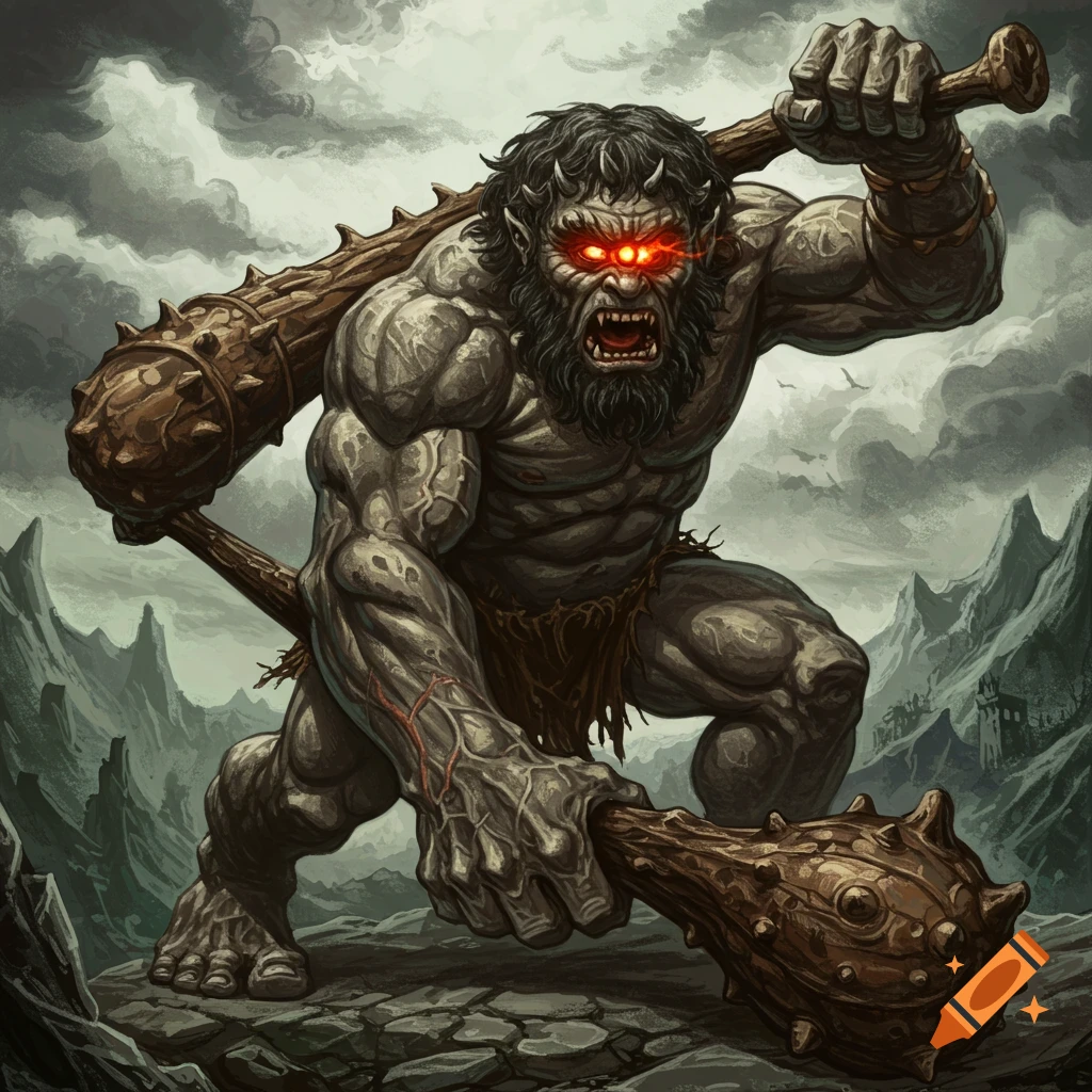 A muscular, cyclops-like monster with red eyes is holding two large spiked clubs in a rocky landscape under stormy skies.