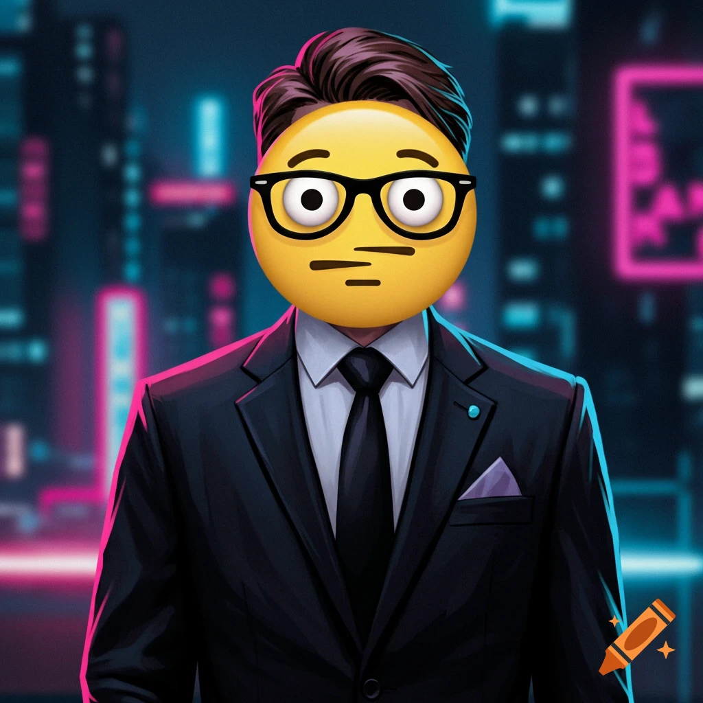 A man with a nerd face emoji head wearing a suit in a neon cityscape.