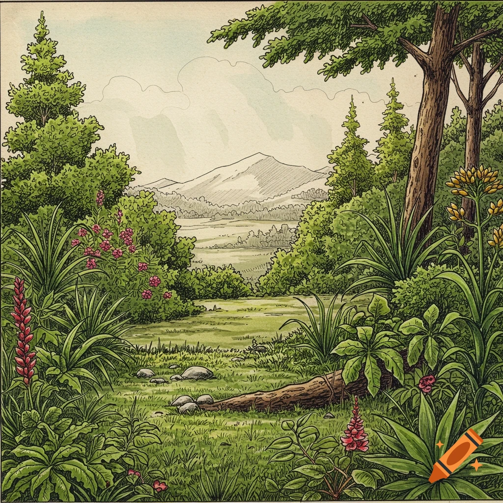 Detailed drawing of a lush forest landscape with trees, plants, fallen log, and mountains.