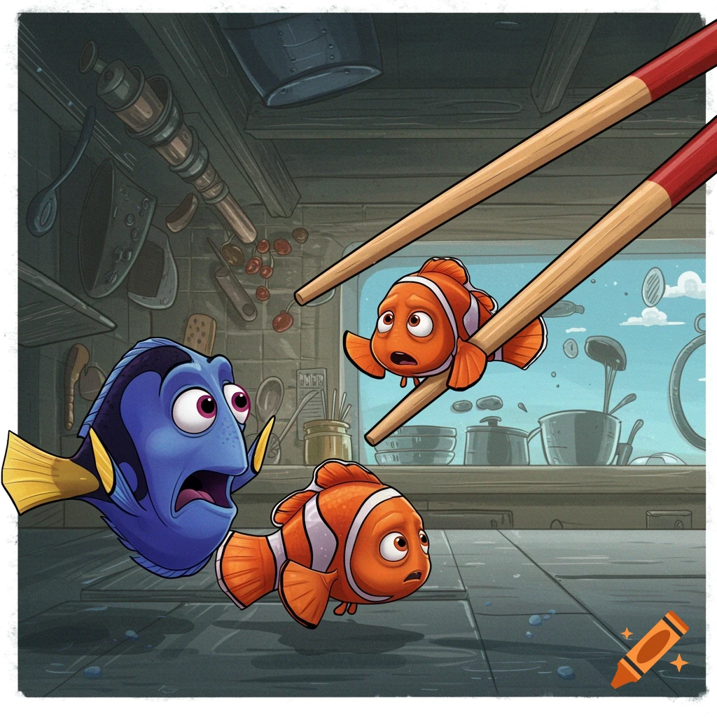 Cartoon of Dory and Marlin looking scared as Nemo is held by large chopsticks in a kitchen.