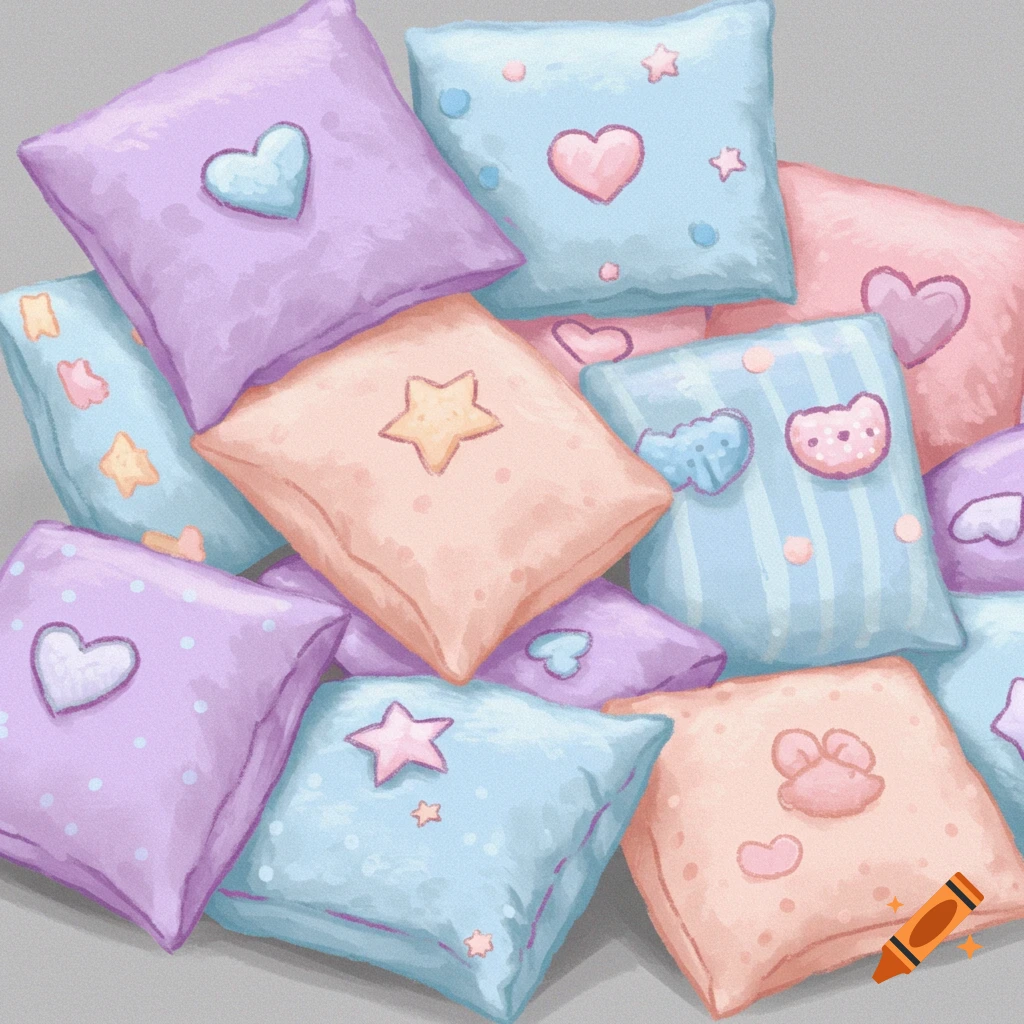 Pile of cute pastel pillows with heart, star, and animal face patterns.