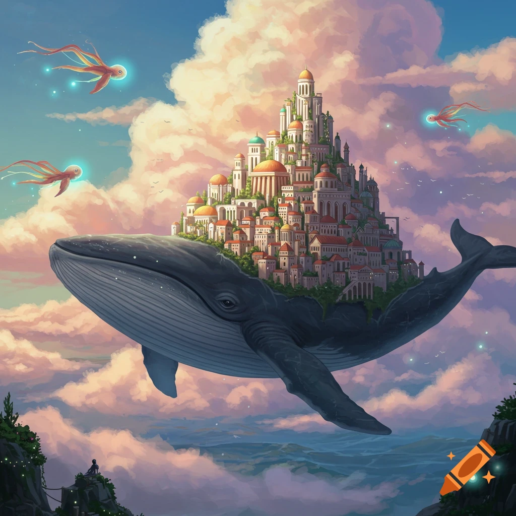 A giant whale flies through the clouds with a city built on its back.
