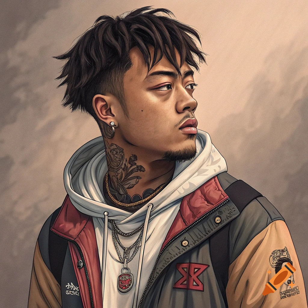 Stylized portrait of a young Asian man with neck tattoos, wearing a hoodie, jacket, and necklaces.