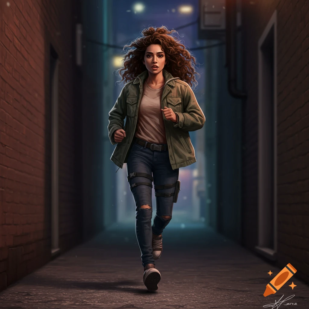 A woman with curly hair running through a dark alley.