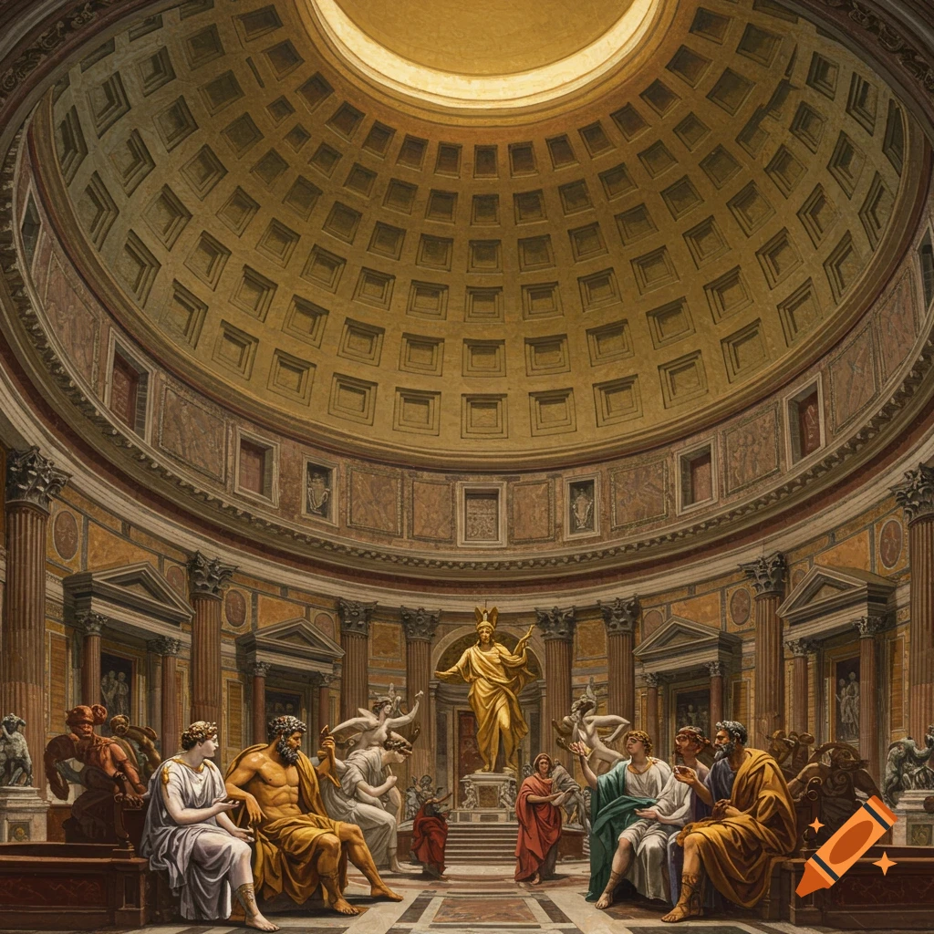 Inside the Pantheon with classical figures.